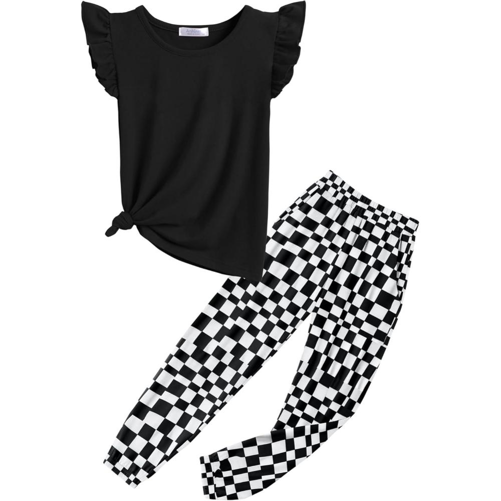 image:imageArshiner 2 Piece Girl Clothes Outfits Spring Summer Ruffle Trim Tank Top Shirts and Pant Set with PocketsBlack Checkered