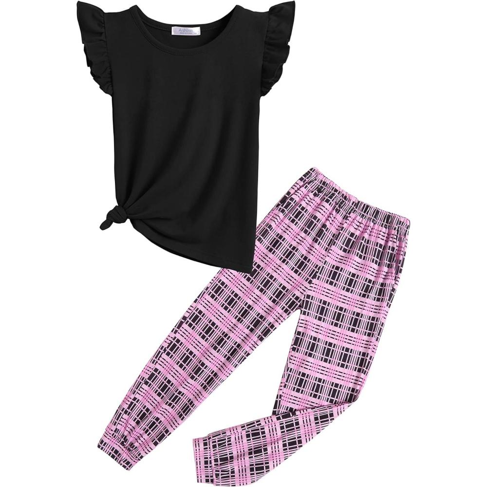 image:imageArshiner 2 Piece Girl Clothes Outfits Spring Summer Ruffle Trim Tank Top Shirts and Pant Set with PocketsBlack and Pink Plaid