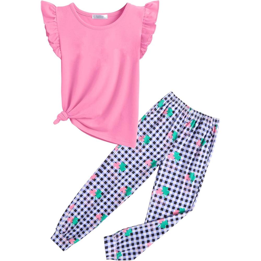 image:imageArshiner 2 Piece Girl Clothes Outfits Spring Summer Ruffle Trim Tank Top Shirts and Pant Set with PocketsPinkstrawberry