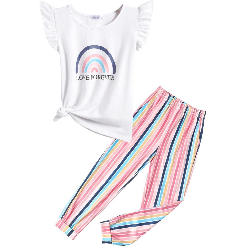 image:imageArshiner 2 Piece Girl Clothes Outfits Spring Summer Ruffle Trim Tank Top Shirts and Pant Set with PocketsWhitecolor Stripes