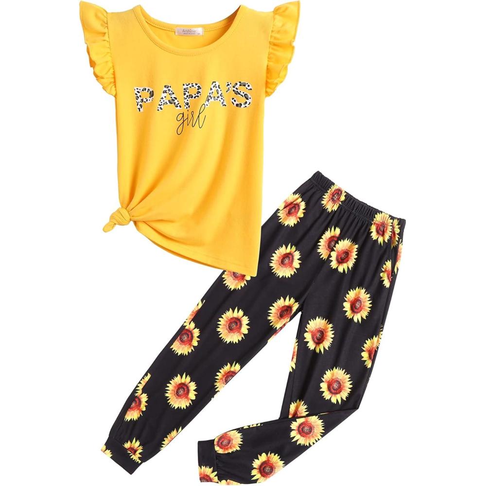 image:imageArshiner 2 Piece Girl Clothes Outfits Spring Summer Ruffle Trim Tank Top Shirts and Pant Set with PocketsYellowsunflower