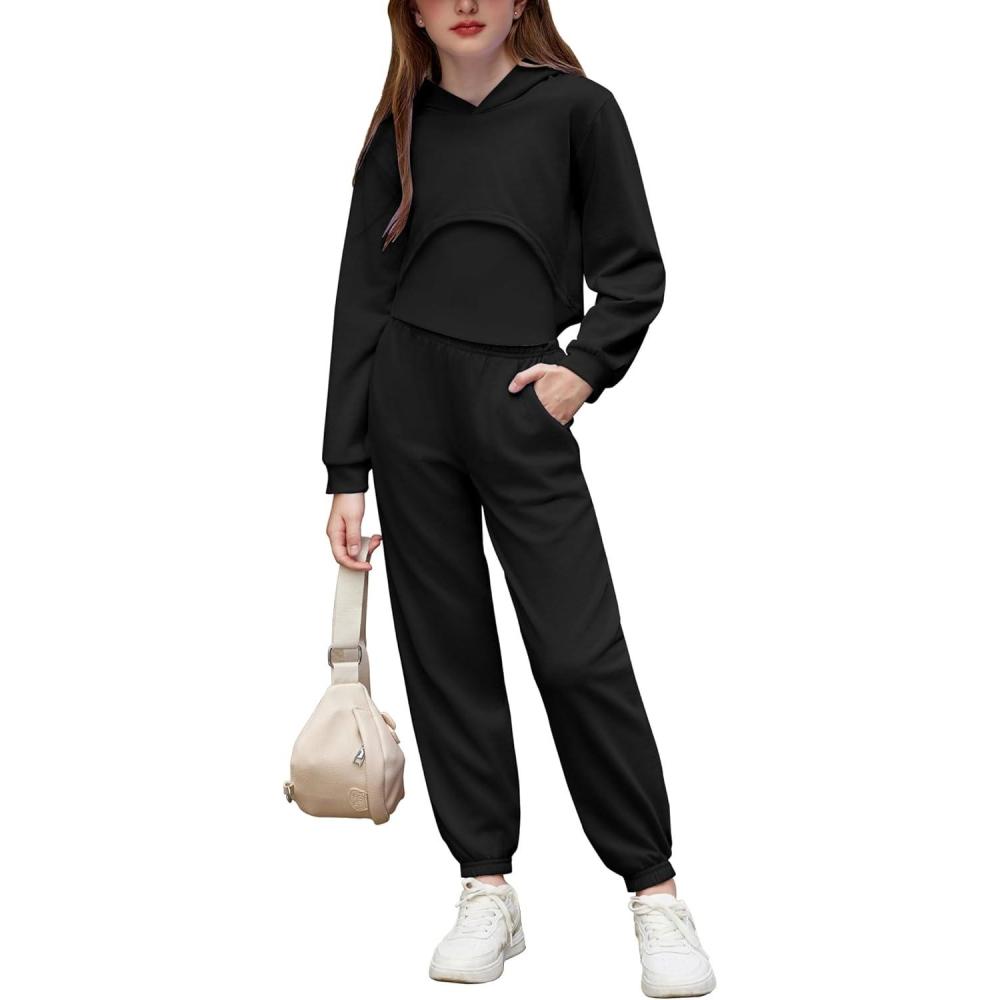 image:imageArshiner 3 Piece Girls Jogger Set Sweatsuits Crop Sweatshirt Hoodie Adjustable Cami Top and SweatpantsBlack