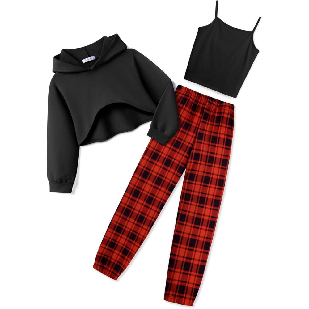 image:imageArshiner 3 Piece Girls Jogger Set Sweatsuits Crop Sweatshirt Hoodie Adjustable Cami Top and SweatpantsBlack Redplaid
