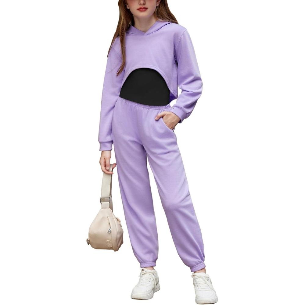image:imageArshiner 3 Piece Girls Jogger Set Sweatsuits Crop Sweatshirt Hoodie Adjustable Cami Top and SweatpantsPurple