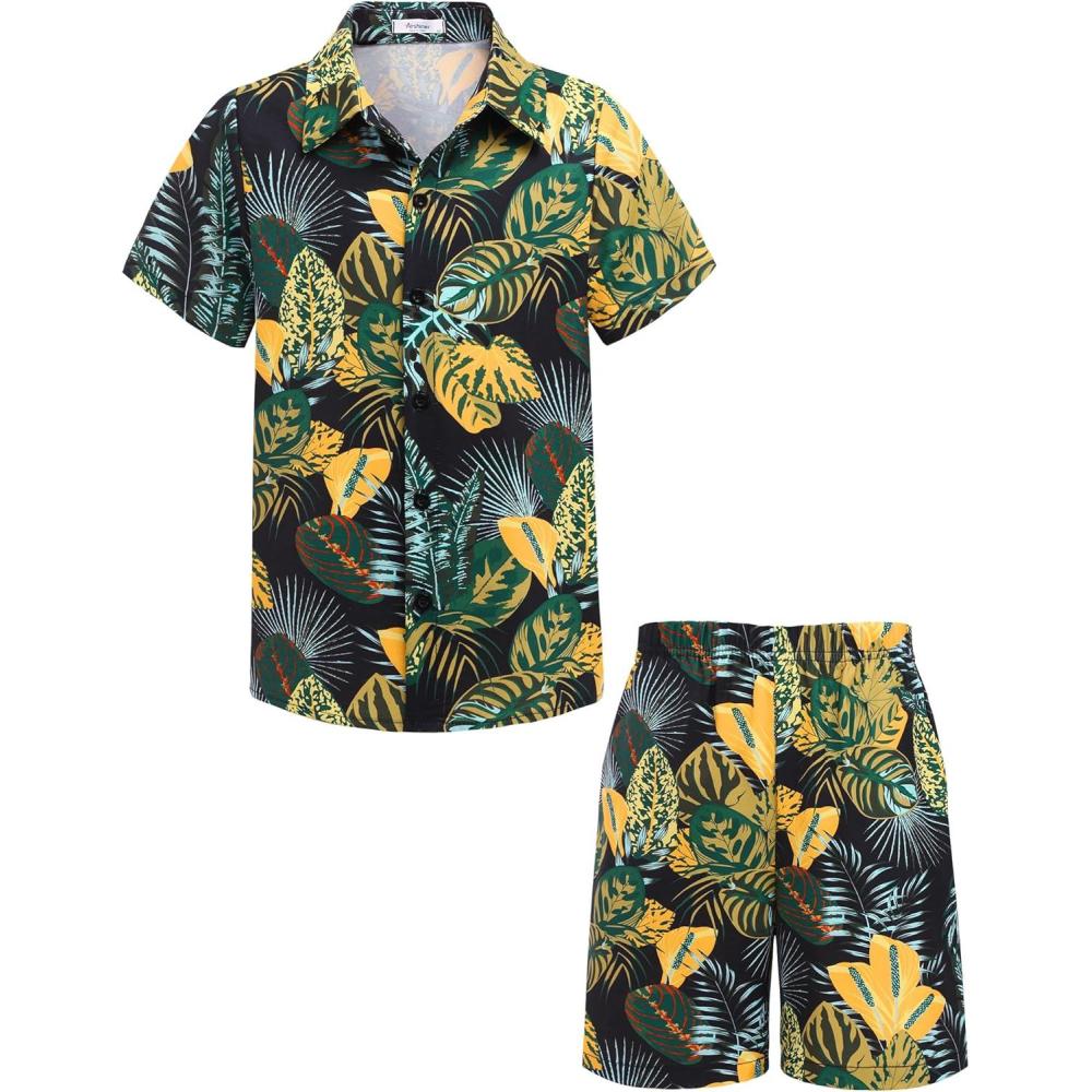 image:imageArshiner Boys 2 Piece Outfits Hawaiian Shorts Sets Button Down Shirt and Shorts Summer Beach Clothes for 212 YearsBlack Yellow Green Leaf Print