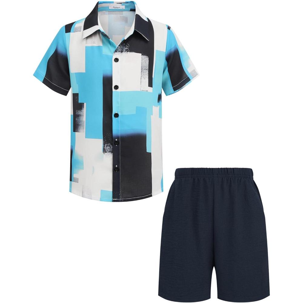 image:imageArshiner Boys 2 Piece Outfits Hawaiian Shorts Sets Button Down Shirt and Shorts Summer Beach Clothes for 212 YearsBlue  White  Colorblock
