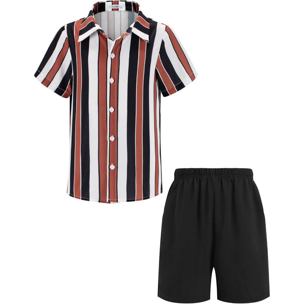 image:imageArshiner Boys 2 Piece Outfits Hawaiian Shorts Sets Button Down Shirt and Shorts Summer Beach Clothes for 212 YearsBrown Stripe