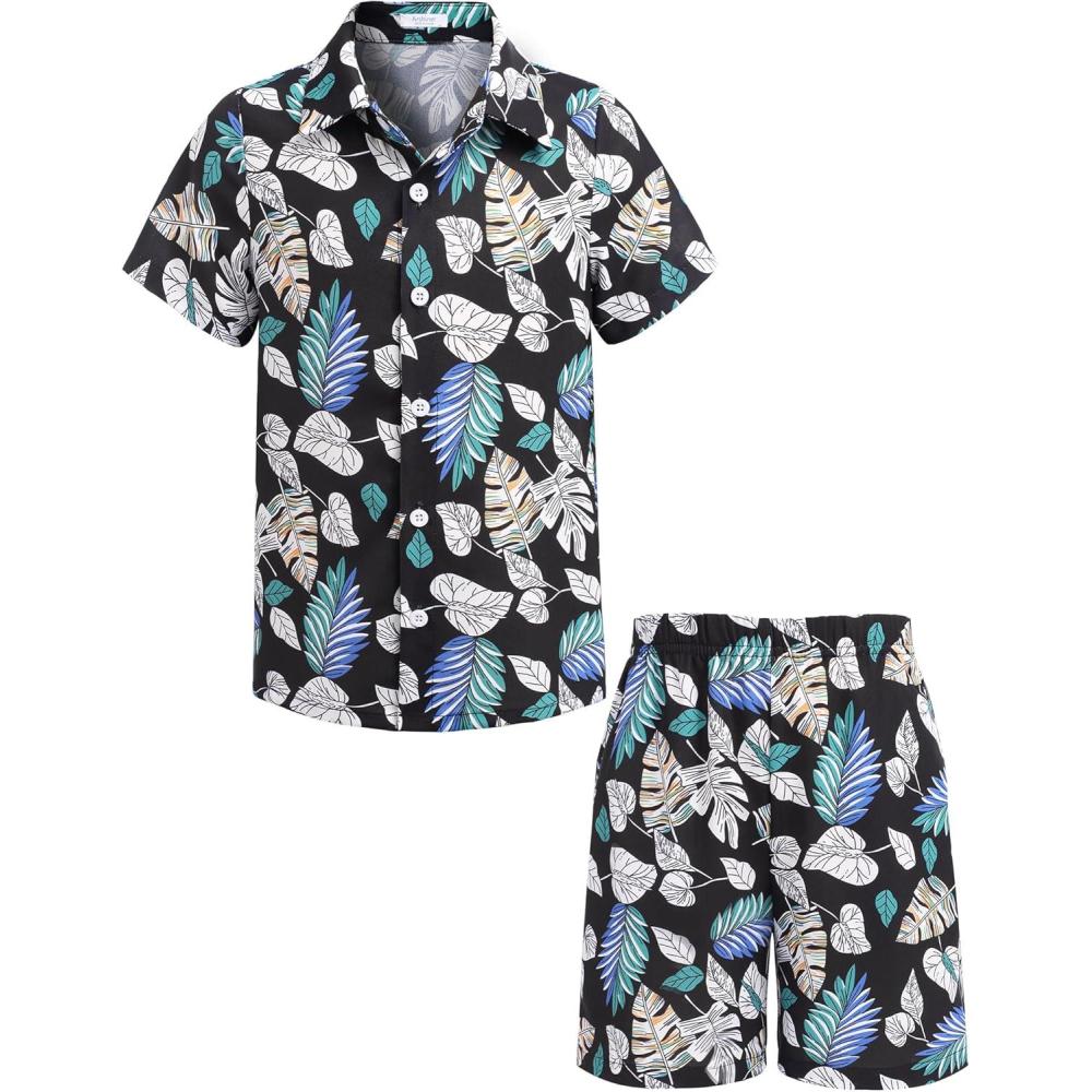 image:imageArshiner Boys 2 Piece Outfits Hawaiian Shorts Sets Button Down Shirt and Shorts Summer Beach Clothes for 212 YearsDark Blue Leaf Print