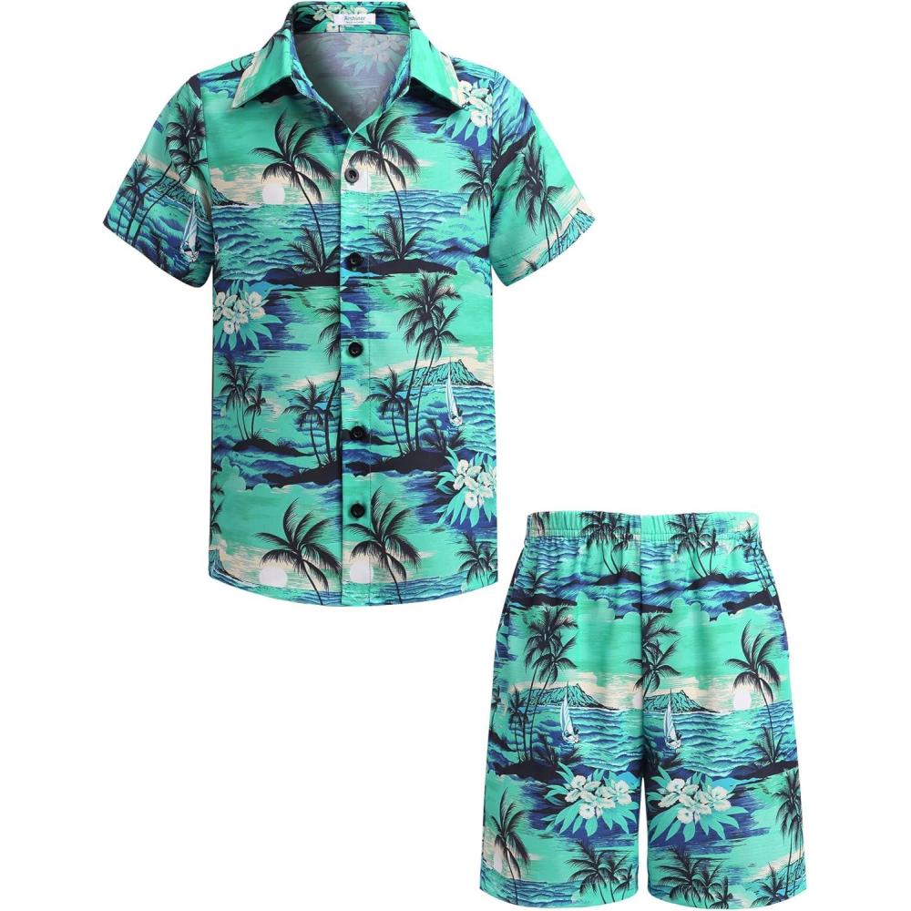 image:imageArshiner Boys 2 Piece Outfits Hawaiian Shorts Sets Button Down Shirt and Shorts Summer Beach Clothes for 212 YearsGreen Palm Tree