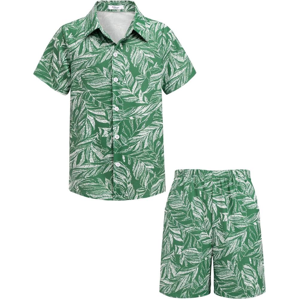 image:imageArshiner Boys 2 Piece Outfits Hawaiian Shorts Sets Button Down Shirt and Shorts Summer Beach Clothes for 212 YearsGreen Leaves
