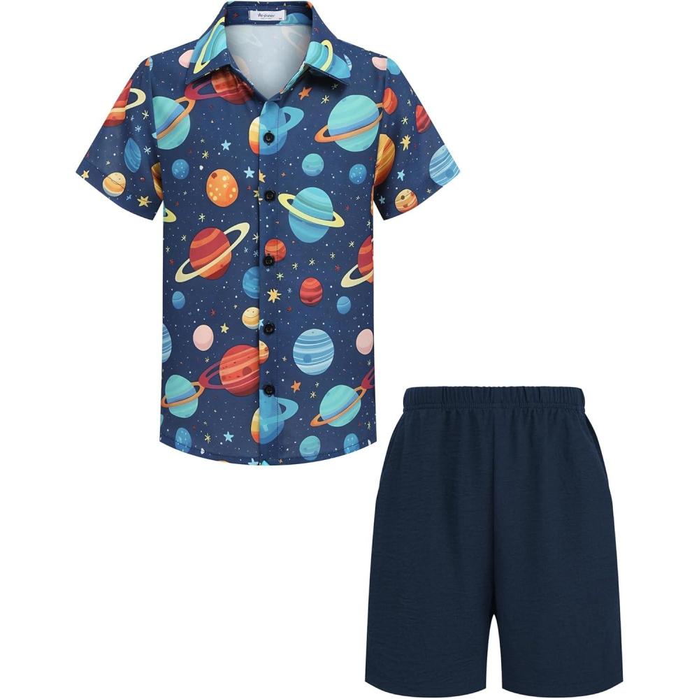 image:imageArshiner Boys 2 Piece Outfits Hawaiian Shorts Sets Button Down Shirt and Shorts Summer Beach Clothes for 212 YearsNavy Planet Print
