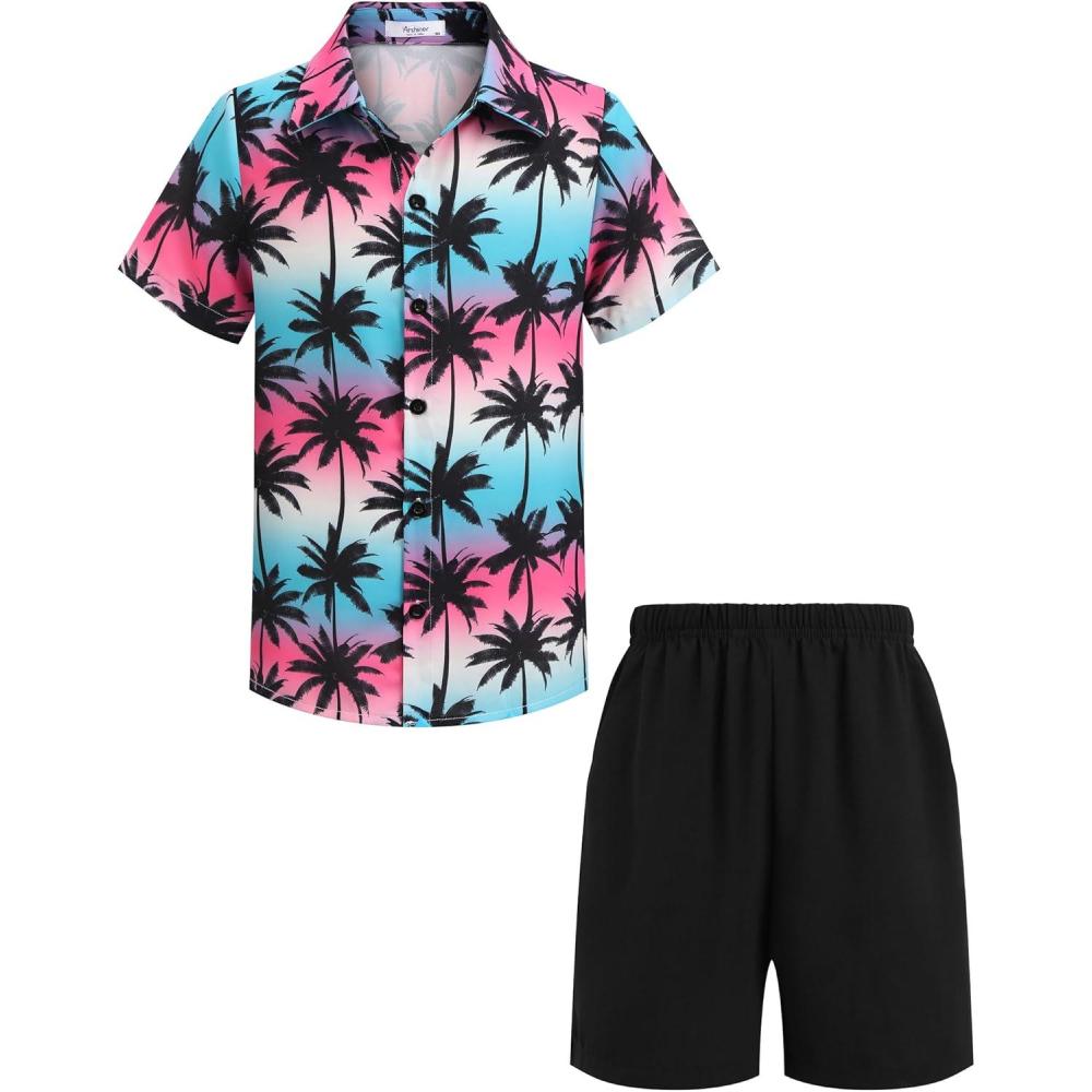 image:imageArshiner Boys 2 Piece Outfits Hawaiian Shorts Sets Button Down Shirt and Shorts Summer Beach Clothes for 212 YearsPinkBlue Tie Dye Palm Tree