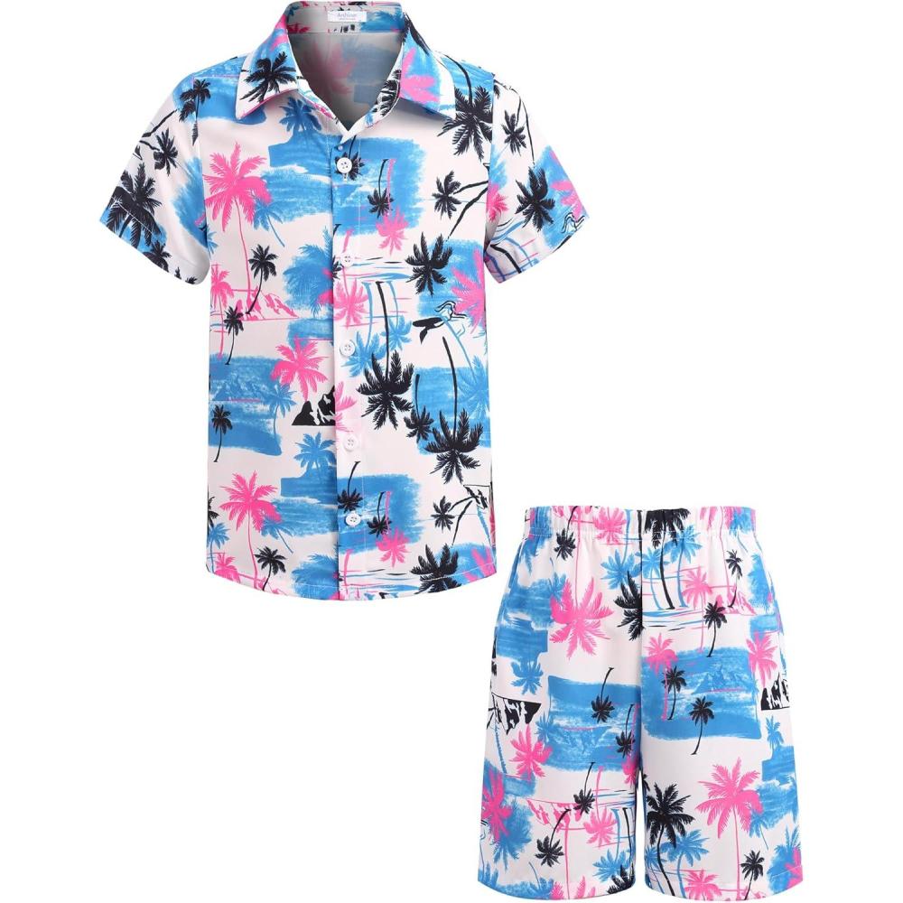 image:imageArshiner Boys 2 Piece Outfits Hawaiian Shorts Sets Button Down Shirt and Shorts Summer Beach Clothes for 212 YearsWhite Palm Tree