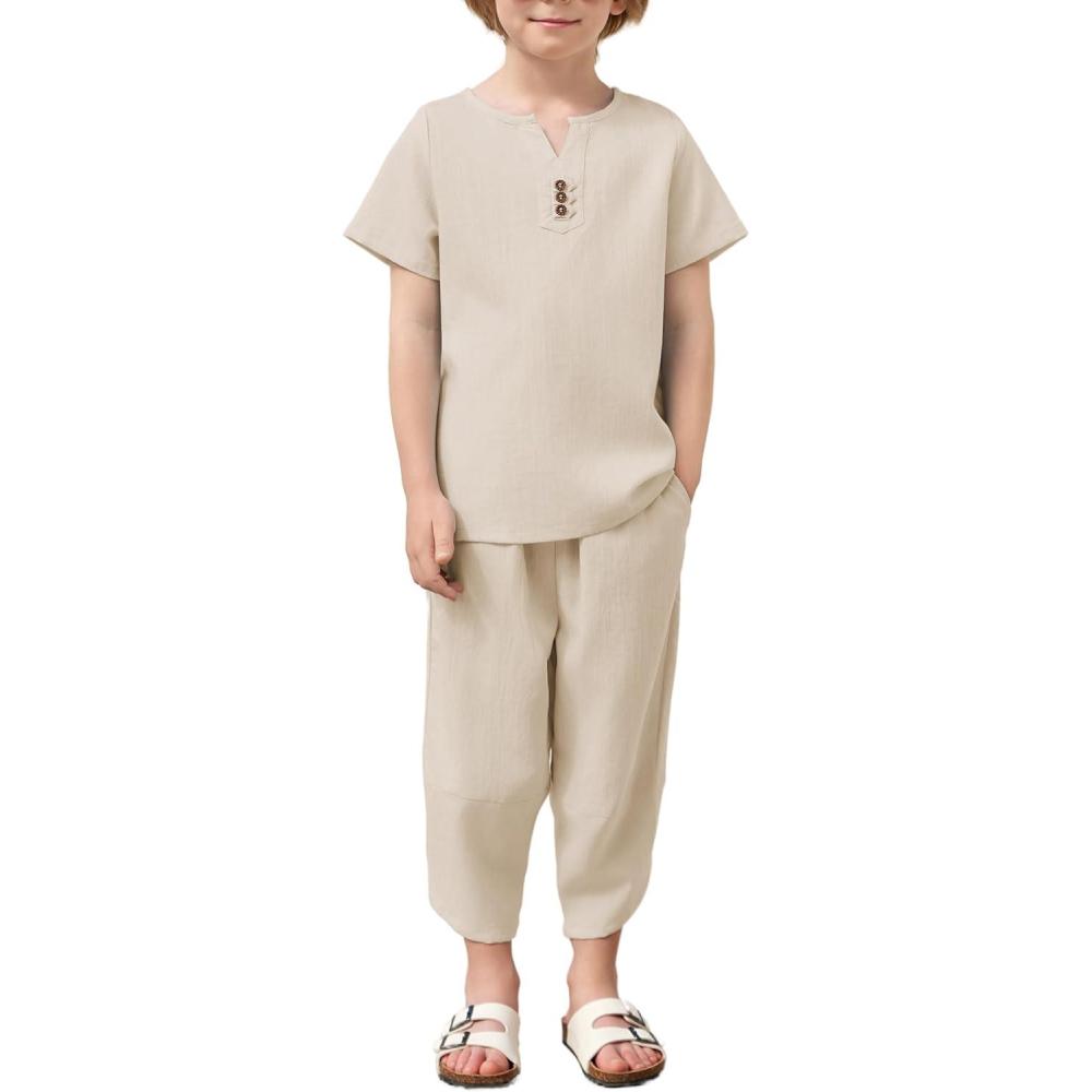 image:imageArshiner Boys 2 Pieces Clothes Set Henley Shirt Short Sleeve and Pants Wide Leg Baggy Summer Casual OutfitsCream