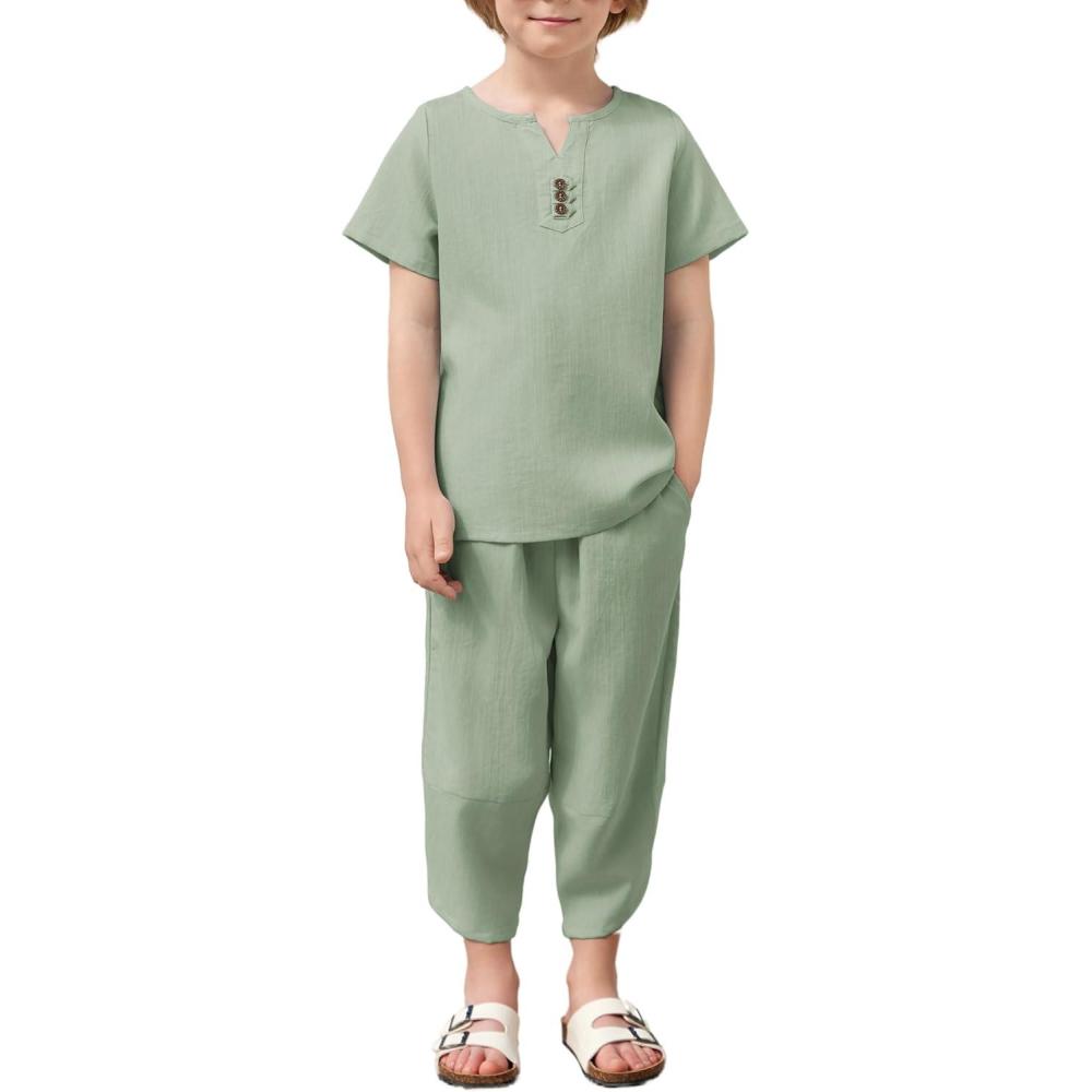 image:imageArshiner Boys 2 Pieces Clothes Set Henley Shirt Short Sleeve and Pants Wide Leg Baggy Summer Casual OutfitsLight Green