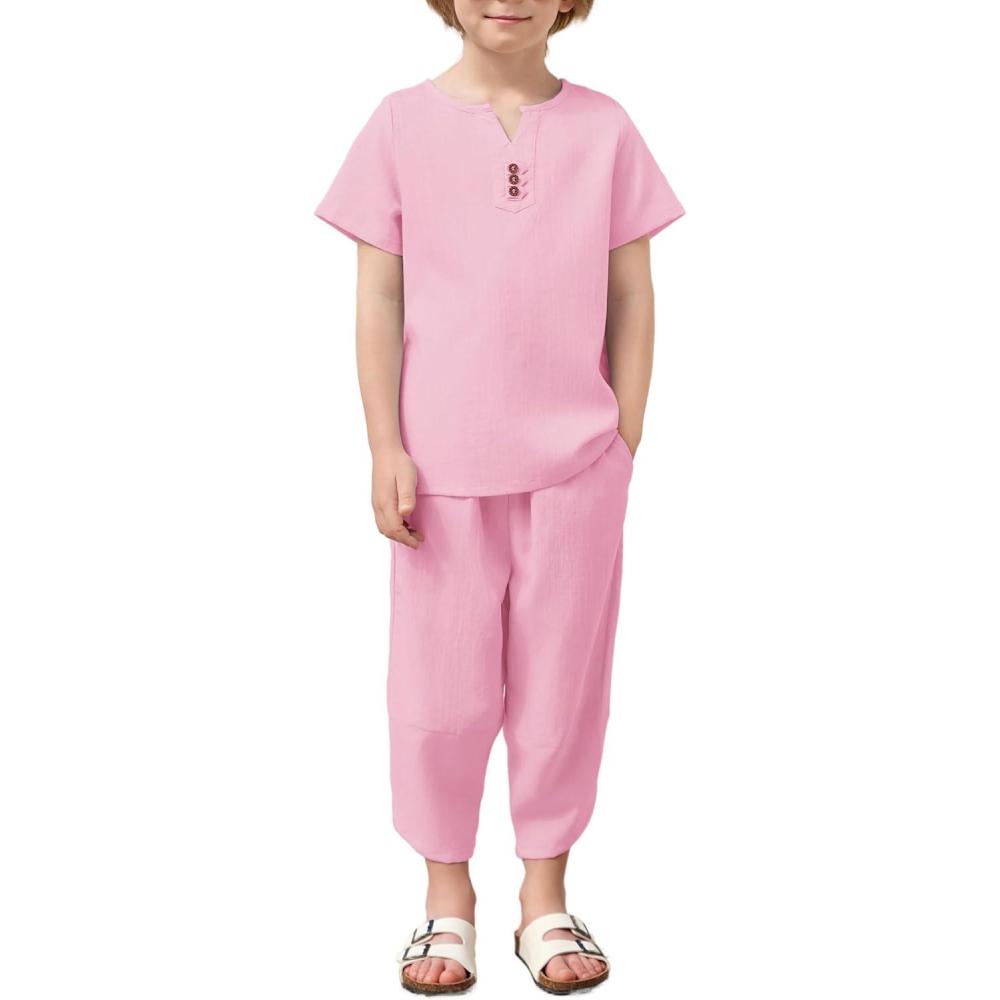image:imageArshiner Boys 2 Pieces Clothes Set Henley Shirt Short Sleeve and Pants Wide Leg Baggy Summer Casual OutfitsPink