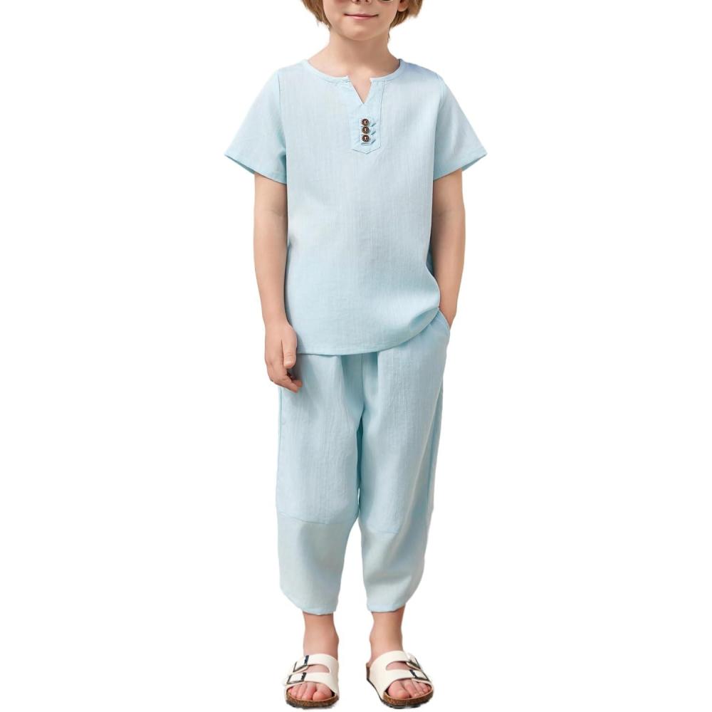image:imageArshiner Boys 2 Pieces Clothes Set Henley Shirt Short Sleeve and Pants Wide Leg Baggy Summer Casual OutfitsSky Blue