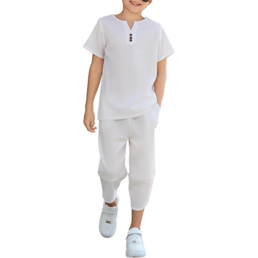 image:imageArshiner Boys 2 Pieces Clothes Set Henley Shirt Short Sleeve and Pants Wide Leg Baggy Summer Casual OutfitsWhite