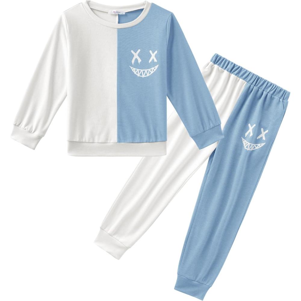 image:imageArshiner Boys Cartoon Face Print Two Tone Crewneck Sweatshirt and Pants Set Tracksuits Outfits Size 2T  78White  Light Blue