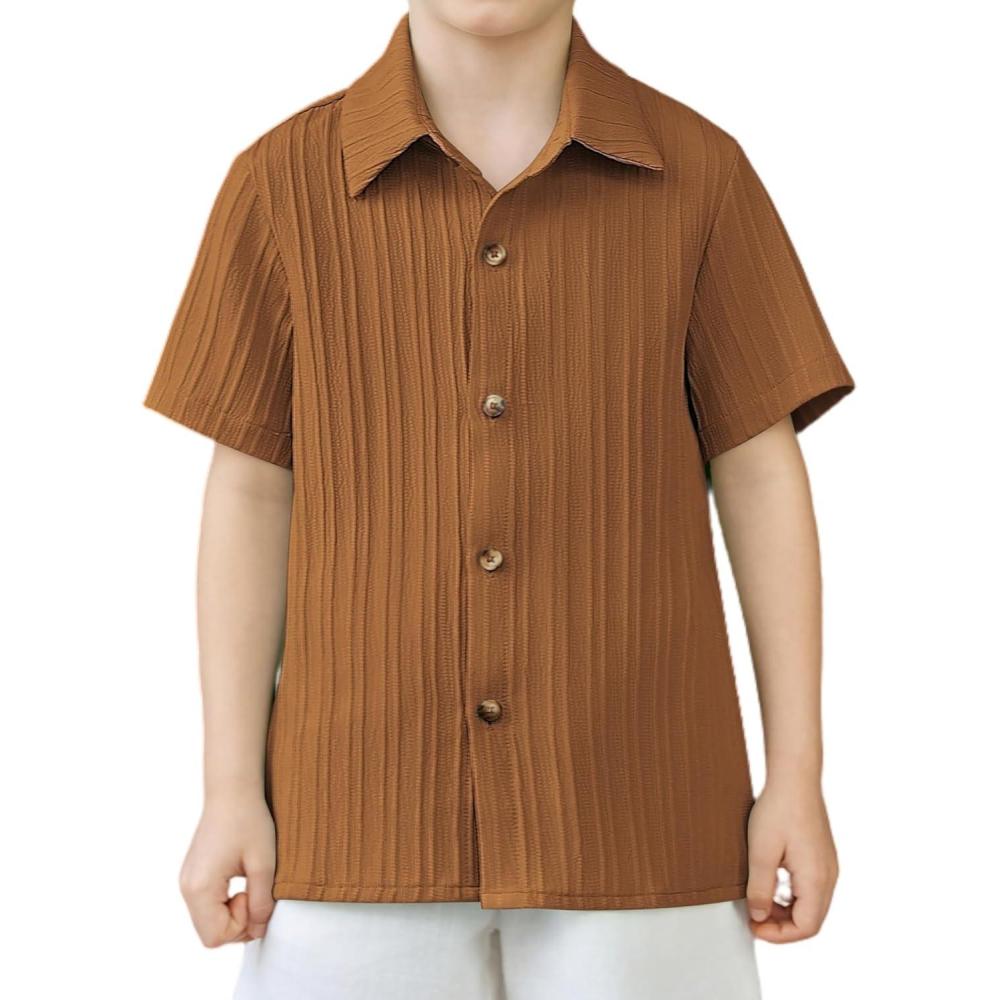 image:imageArshiner Boys Casual Short Sleeve Button Down Shirt Fashion Textured Summer Beach Shirt 313 Years OldLight Brown