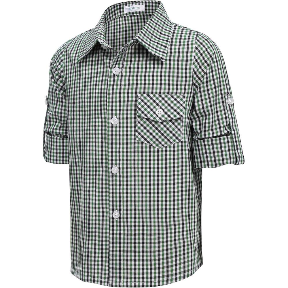 image:imageArshiner Boys Plaid Button Down Shirt Long Sleeve Roll Up Casual Shirts with Pocket 411 YearsGreenWhite Check