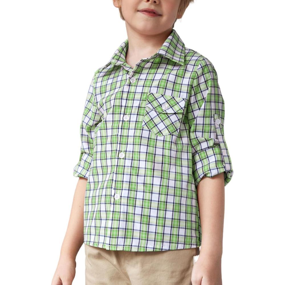 image:imageArshiner Boys Plaid Button Down Shirt Long Sleeve Roll Up Casual Shirts with Pocket 411 YearsGreenWhite Plaid
