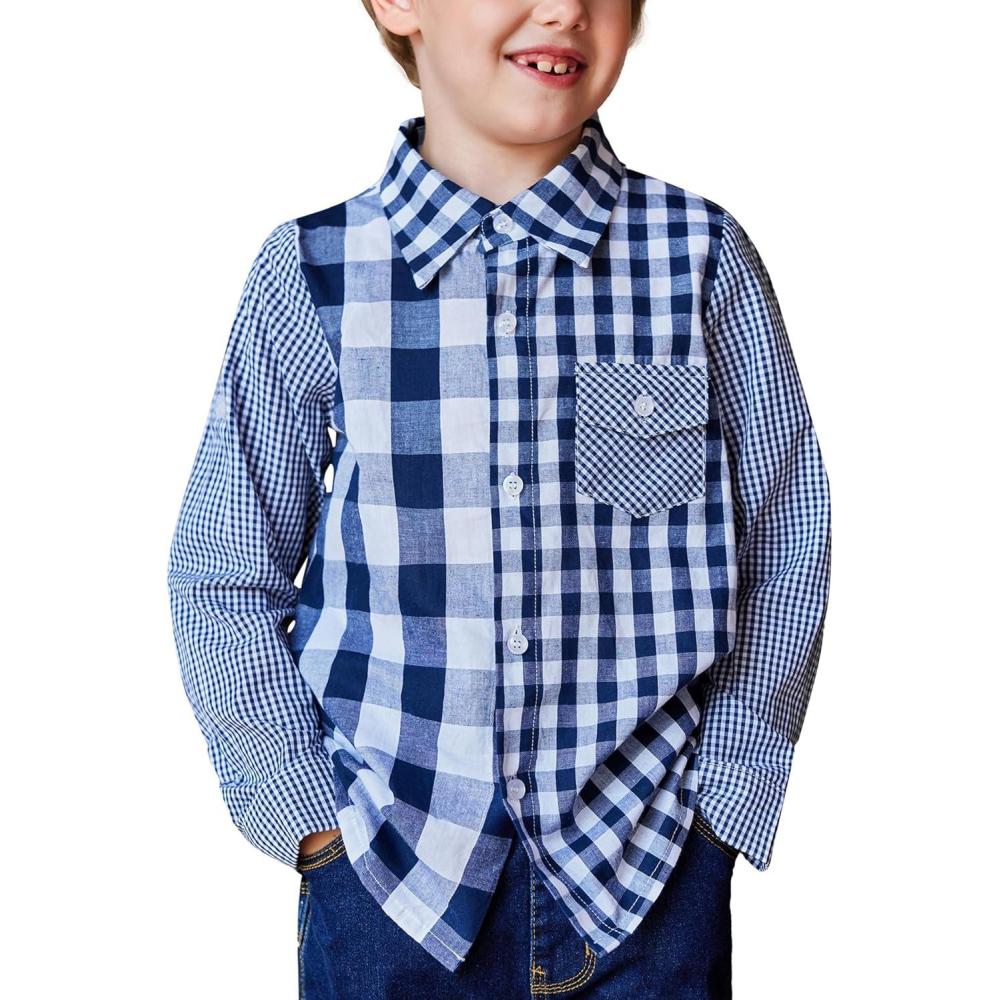 image:imageArshiner Boys Plaid Button Down Shirt Long Sleeve Roll Up Casual Shirts with Pocket 411 YearsNavy Blue Patchwork Plaid