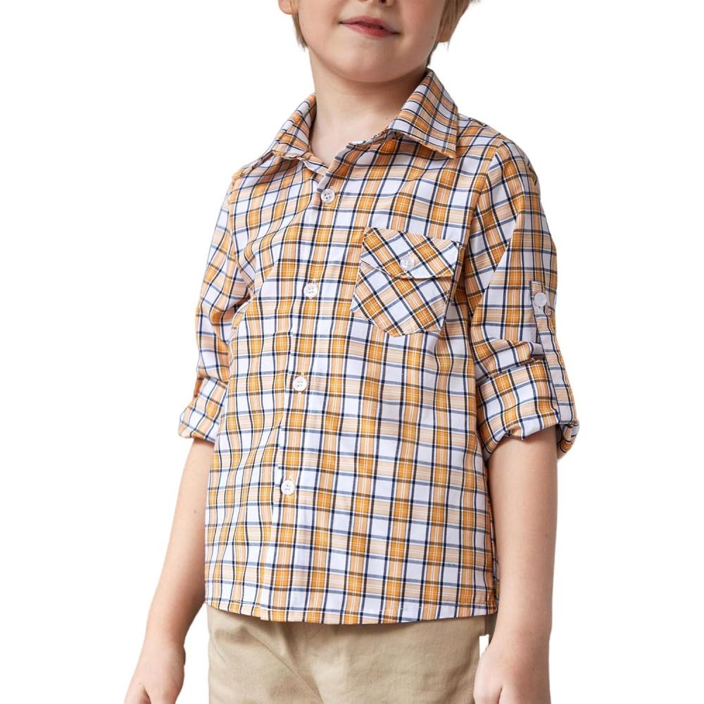 image:imageArshiner Boys Plaid Button Down Shirt Long Sleeve Roll Up Casual Shirts with Pocket 411 YearsYellowWhite Plaid