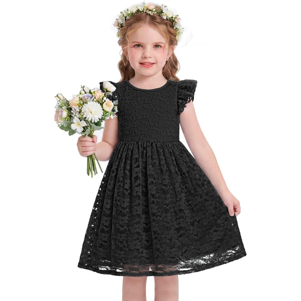 image:imageArshiner Flower Girl Dress Toddler Lace Tutu Ruffle Sleeve Wedding Birthday Party Tulle DressesBlack