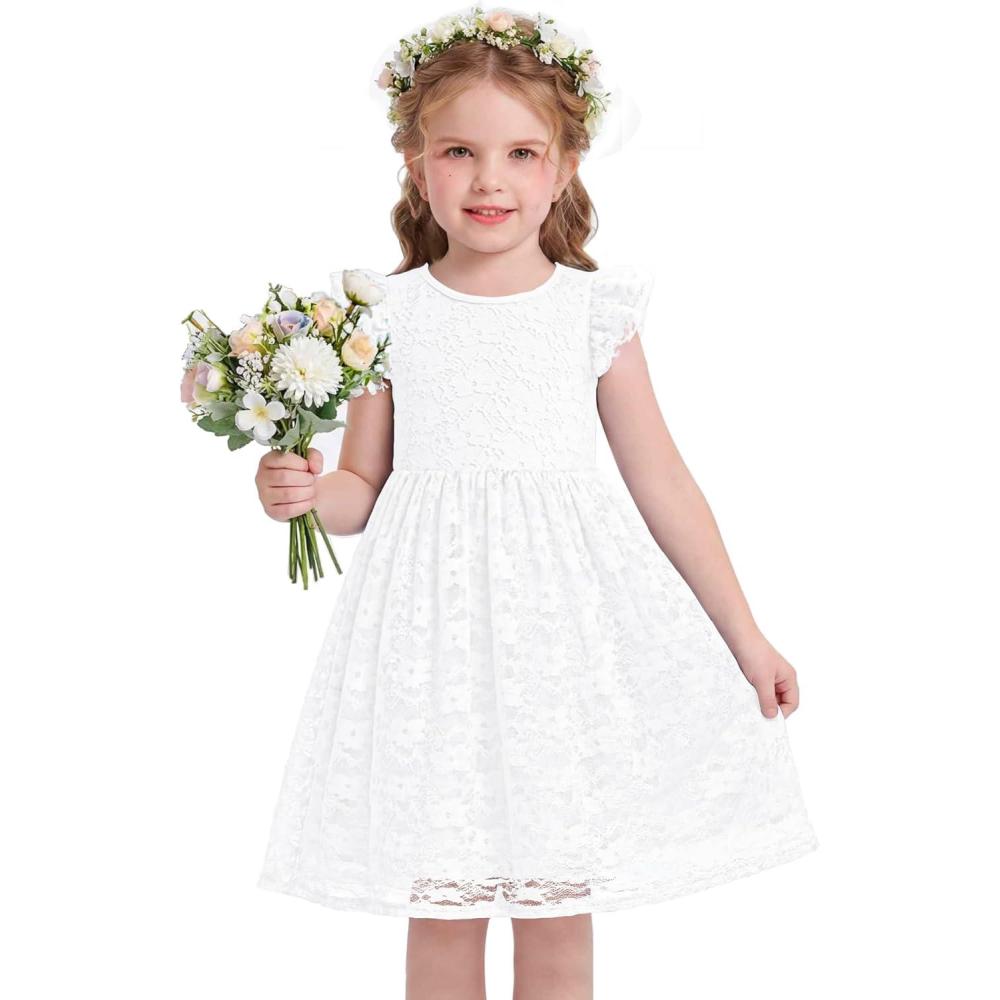 image:imageArshiner Flower Girl Dress Toddler Lace Tutu Ruffle Sleeve Wedding Birthday Party Tulle DressesWhite