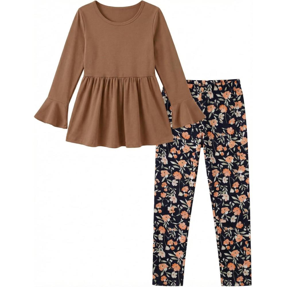 image:imageArshiner Girls 2 Piece Clothing Set Floral Ruffle Hem Bell Sleeve Top and Leggings Fall Winter Outfits for 210 YearsBlack Orange Floral