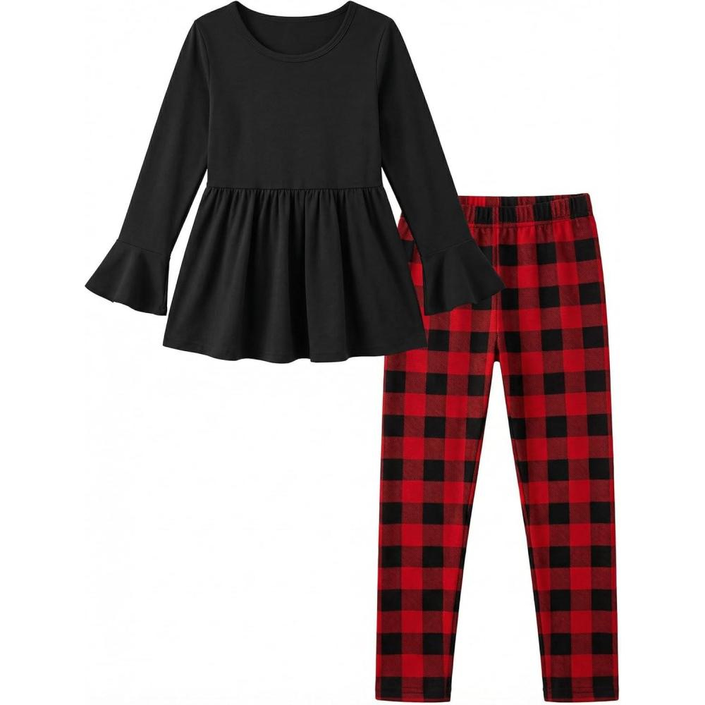 image:imageArshiner Girls 2 Piece Clothing Set Floral Ruffle Hem Bell Sleeve Top and Leggings Fall Winter Outfits for 210 YearsBlack Red Plaid
