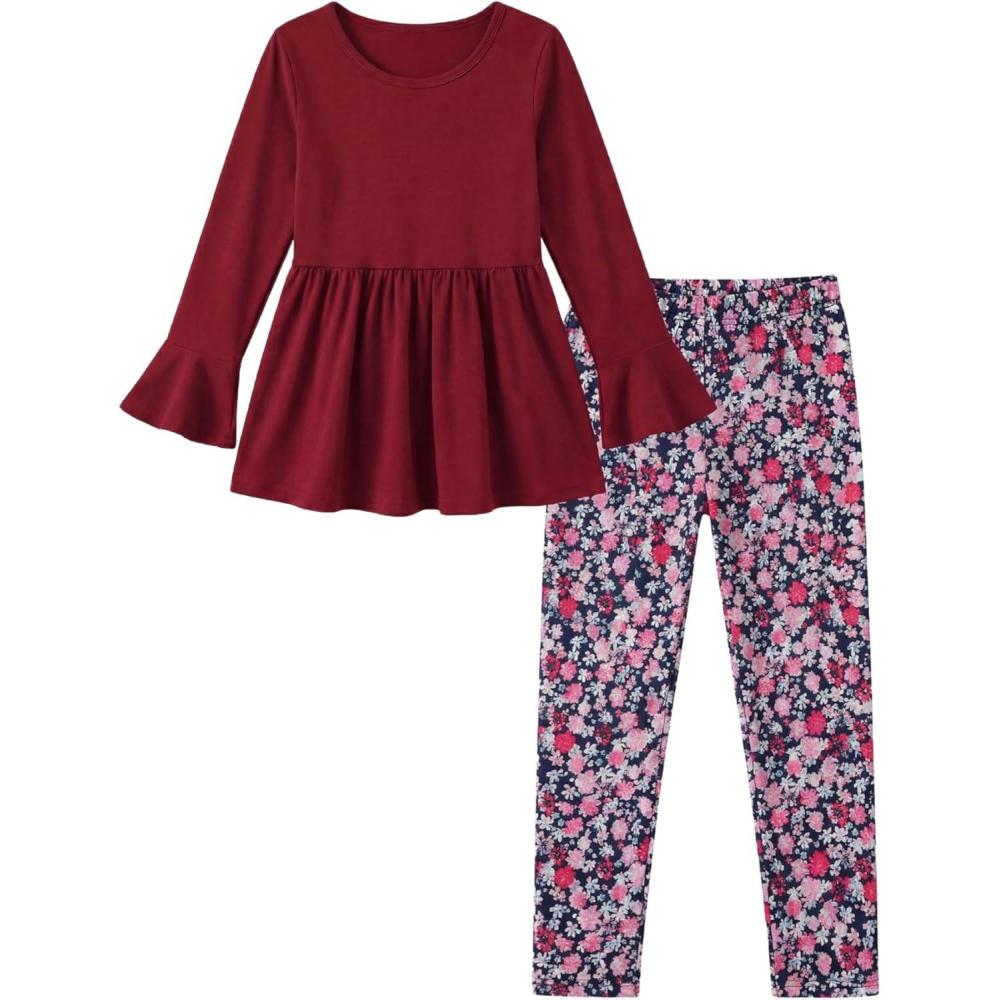 image:imageArshiner Girls 2 Piece Clothing Set Floral Ruffle Hem Bell Sleeve Top and Leggings Fall Winter Outfits for 210 YearsDark Red Floral