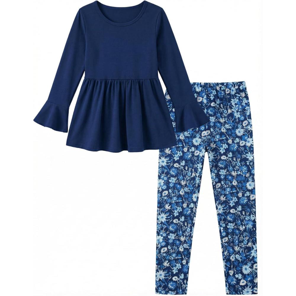 image:imageArshiner Girls 2 Piece Clothing Set Floral Ruffle Hem Bell Sleeve Top and Leggings Fall Winter Outfits for 210 YearsNavy Floral