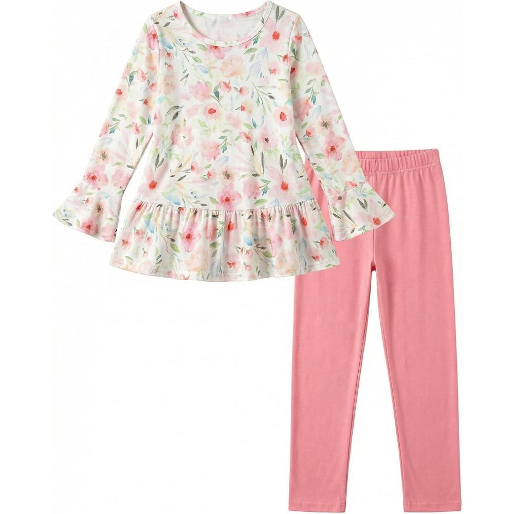 image:imageArshiner Girls 2 Piece Clothing Set Floral Ruffle Hem Bell Sleeve Top and Leggings Fall Winter Outfits for 210 YearsPink Floral