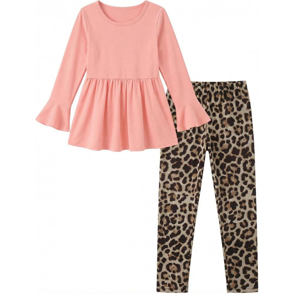 image:imageArshiner Girls 2 Piece Clothing Set Floral Ruffle Hem Bell Sleeve Top and Leggings Fall Winter Outfits for 210 YearsPink Leopard