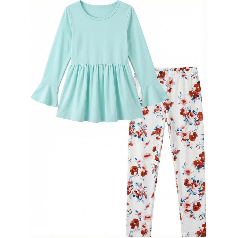 image:imageArshiner Girls 2 Piece Clothing Set Floral Ruffle Hem Bell Sleeve Top and Leggings Fall Winter Outfits for 210 YearsWhite Floral