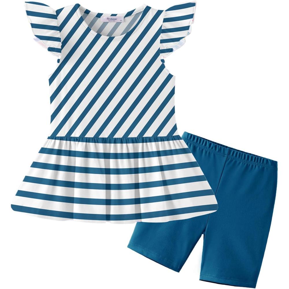 image:imageArshiner Girls 2 Piece Outfit Ruffle Sleeve Peplum Top And Biker Shorts Lightweight Breathable Summer Clothing SetBlue Striped