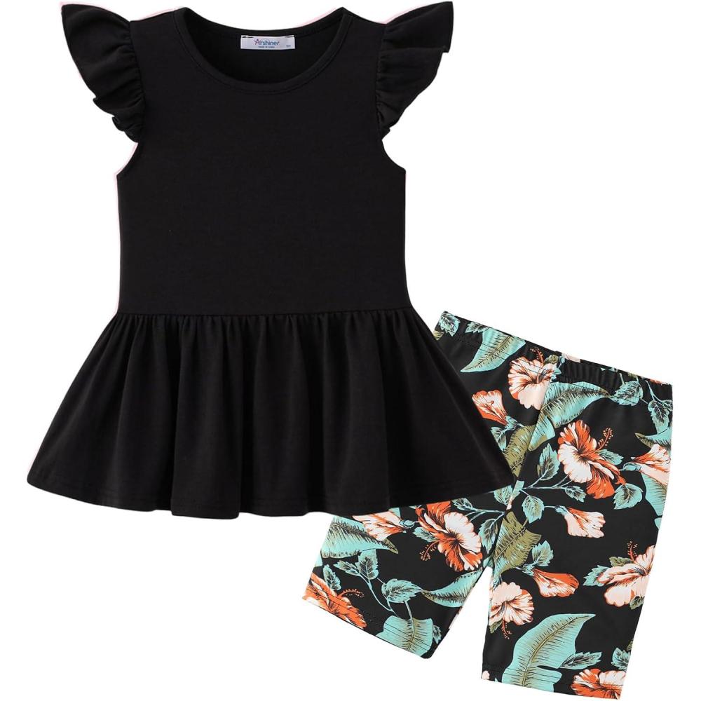 image:imageArshiner Girls 2 Piece Outfit Ruffle Sleeve Peplum Top And Biker Shorts Lightweight Breathable Summer Clothing SetHawaiian Flower