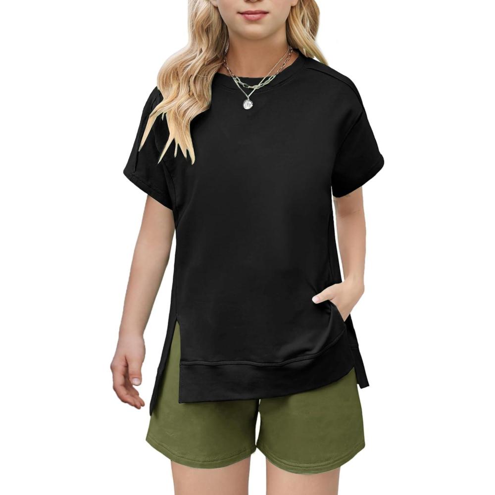 image:imageArshiner Girls 2 Piece Outfit Summer Short Sleeve Loose Fit TShirt and Shorts Set Casual Activewear HighLow Hem SweatshirtBlack Green