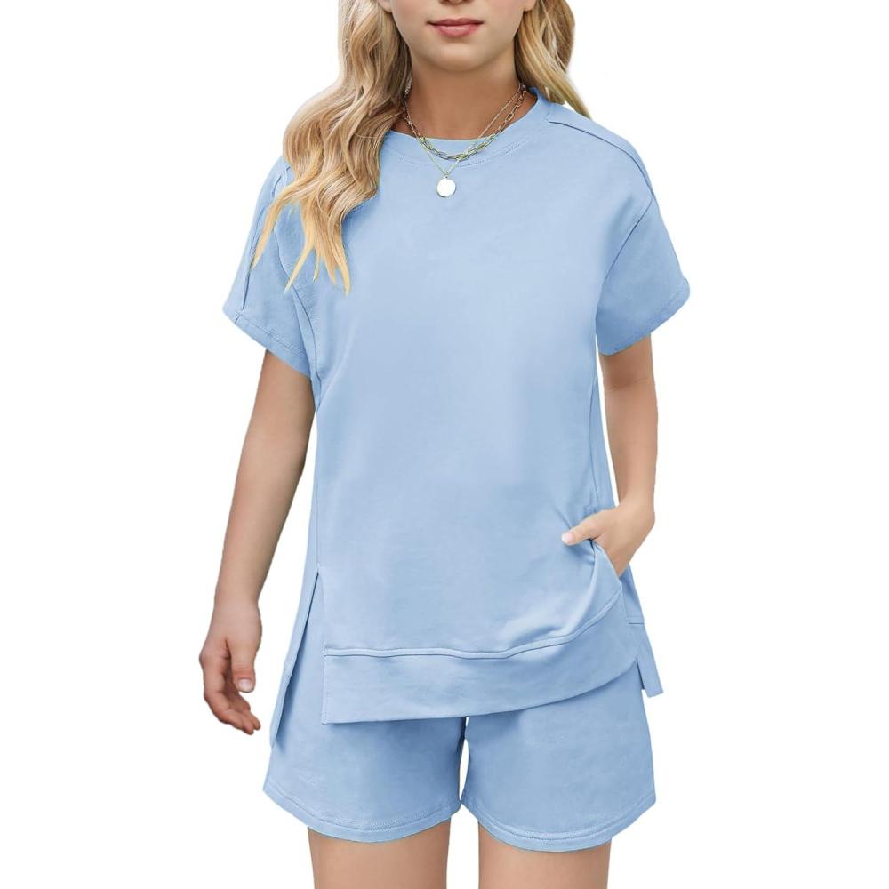 image:imageArshiner Girls 2 Piece Outfit Summer Short Sleeve Loose Fit TShirt and Shorts Set Casual Activewear HighLow Hem SweatshirtLgiht Blue