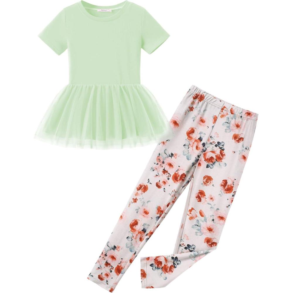 image:imageArshiner Girls 2 Piece Outfits Casual Clothing Sets Short Sleeve Mesh Hem Roundneck Tops and Leggings Pants 210 YearsLight Greenfloral