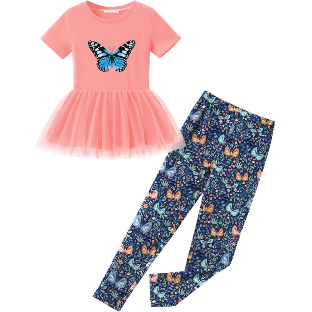 image:imageArshiner Girls 2 Piece Outfits Casual Clothing Sets Short Sleeve Mesh Hem Roundneck Tops and Leggings Pants 210 YearsPinkbutterfly