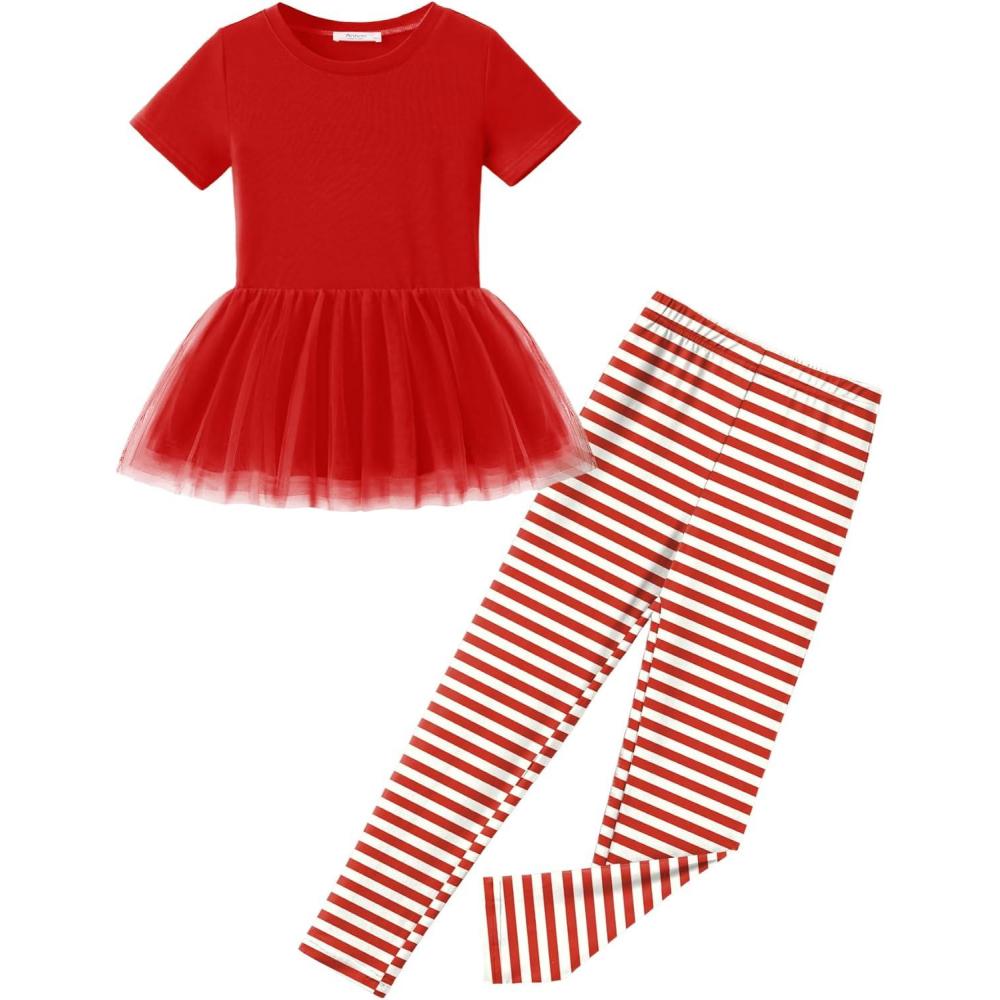 image:imageArshiner Girls 2 Piece Outfits Casual Clothing Sets Short Sleeve Mesh Hem Roundneck Tops and Leggings Pants 210 YearsRedstripe