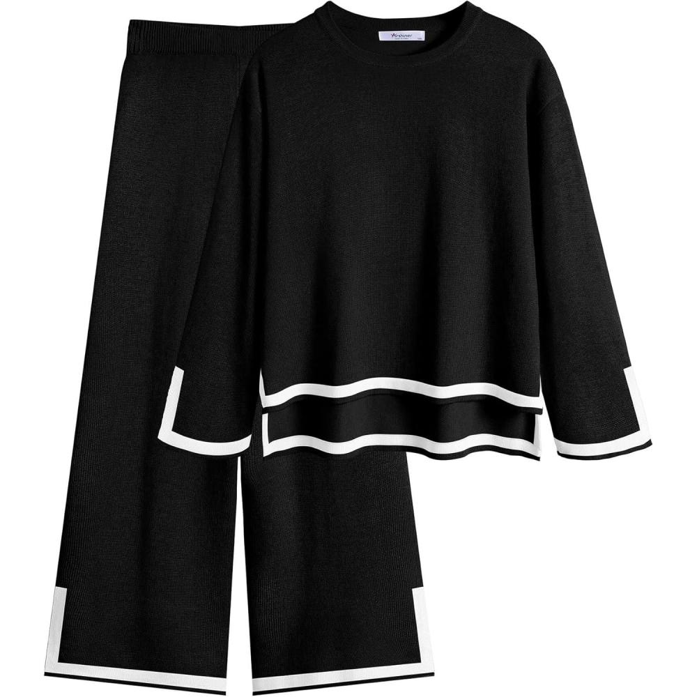 image:imageArshiner Girls 2 Piece Outfits Long Sleeve Knit Pullover Sweater Tops Wide Leg Pants Casual Fall Sets TracksuitsBlack