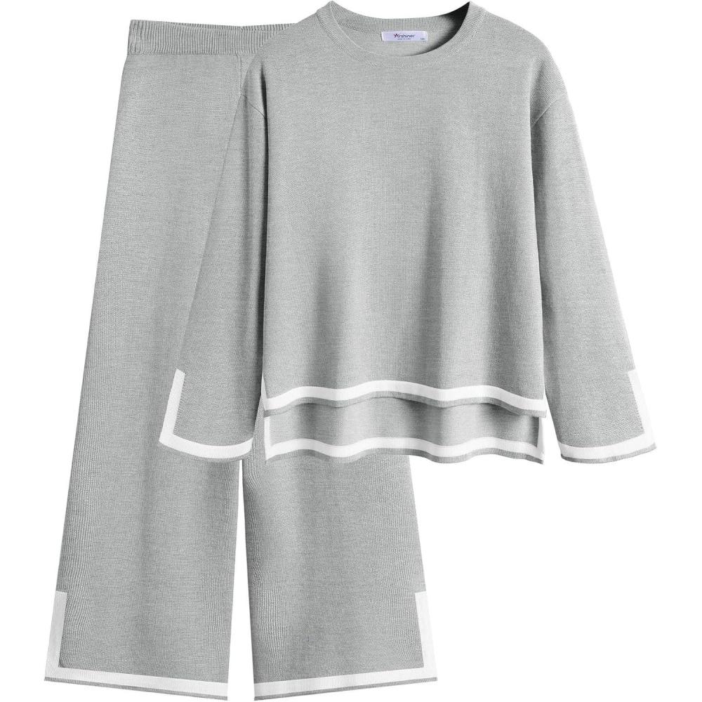image:imageArshiner Girls 2 Piece Outfits Long Sleeve Knit Pullover Sweater Tops Wide Leg Pants Casual Fall Sets TracksuitsLight Gray