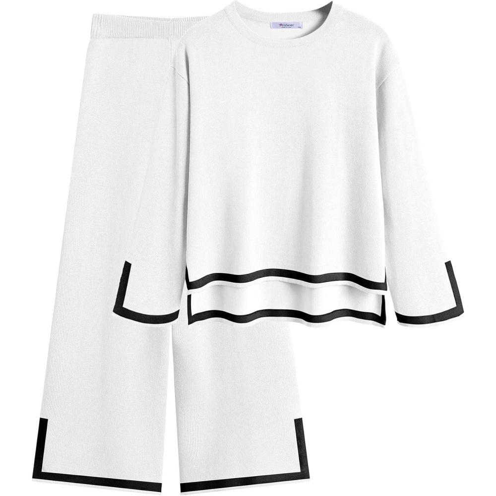 image:imageArshiner Girls 2 Piece Outfits Long Sleeve Knit Pullover Sweater Tops Wide Leg Pants Casual Fall Sets TracksuitsWhite