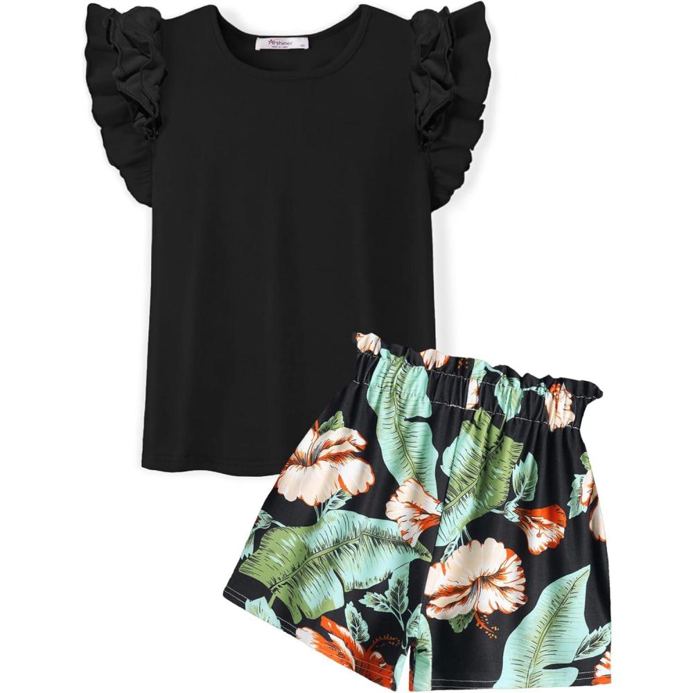 image:imageArshiner Girls 2 Piece Outfits Summer Clothes Ruffle Short Sleeve Shirts Top and High Waist Paper Bag Shorts Set with PocketsBlackhawaii Flower