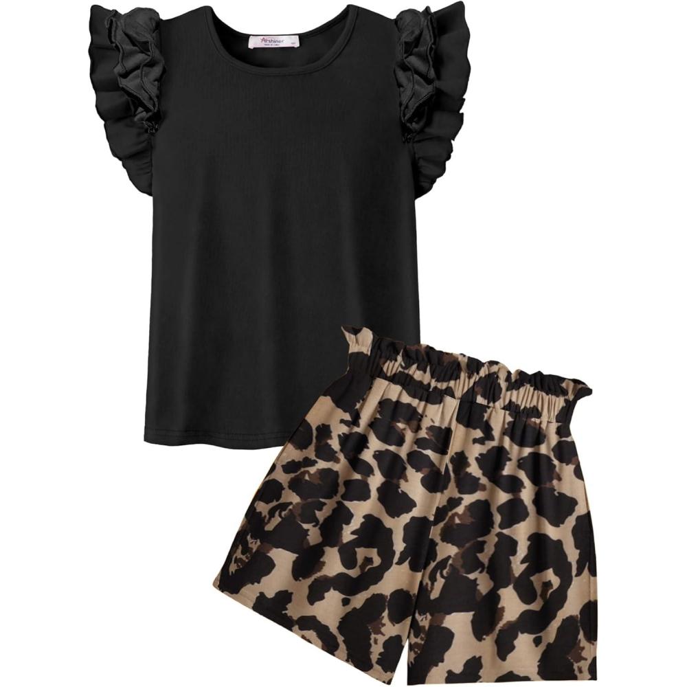 image:imageArshiner Girls 2 Piece Outfits Summer Clothes Ruffle Short Sleeve Shirts Top and High Waist Paper Bag Shorts Set with PocketsBlackleopard