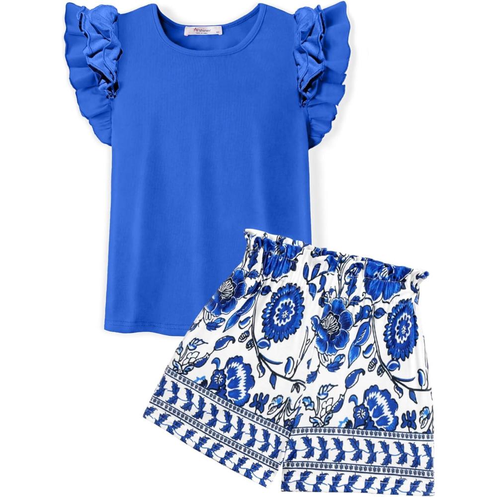 image:imageArshiner Girls 2 Piece Outfits Summer Clothes Ruffle Short Sleeve Shirts Top and High Waist Paper Bag Shorts Set with PocketsBlueflower